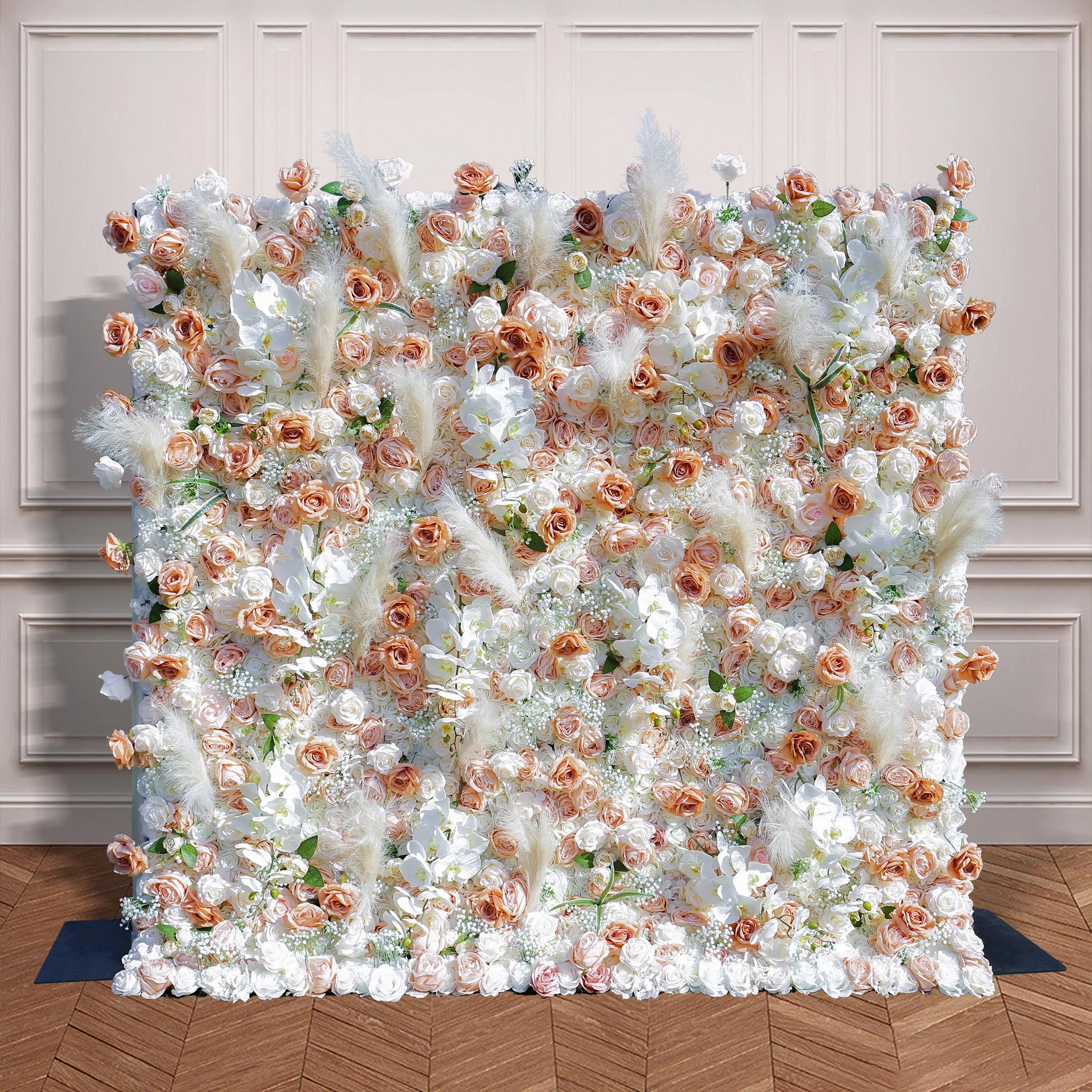 Aliflowers 5D Champagne Rose with Pampas grass Fabric Artificial Flower Wall ALFWL038