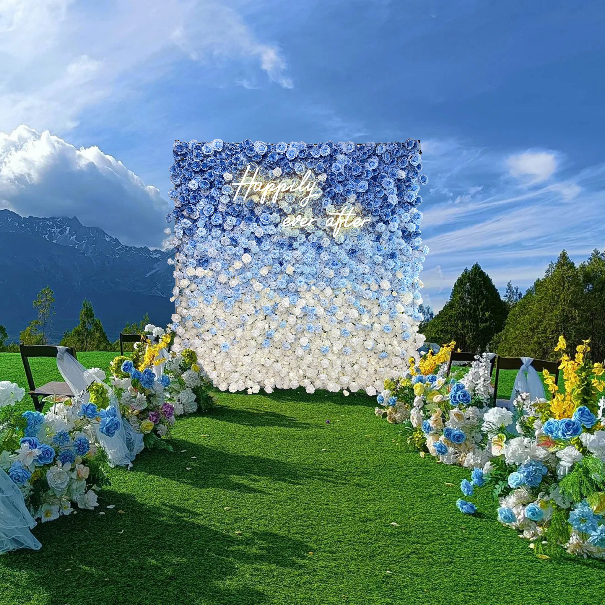 Aliflowers 5D Blue and White Rose Gradient Flower Wall Floral Roller Blinds Wedding Party Decoration ALFWL067 - Image 2