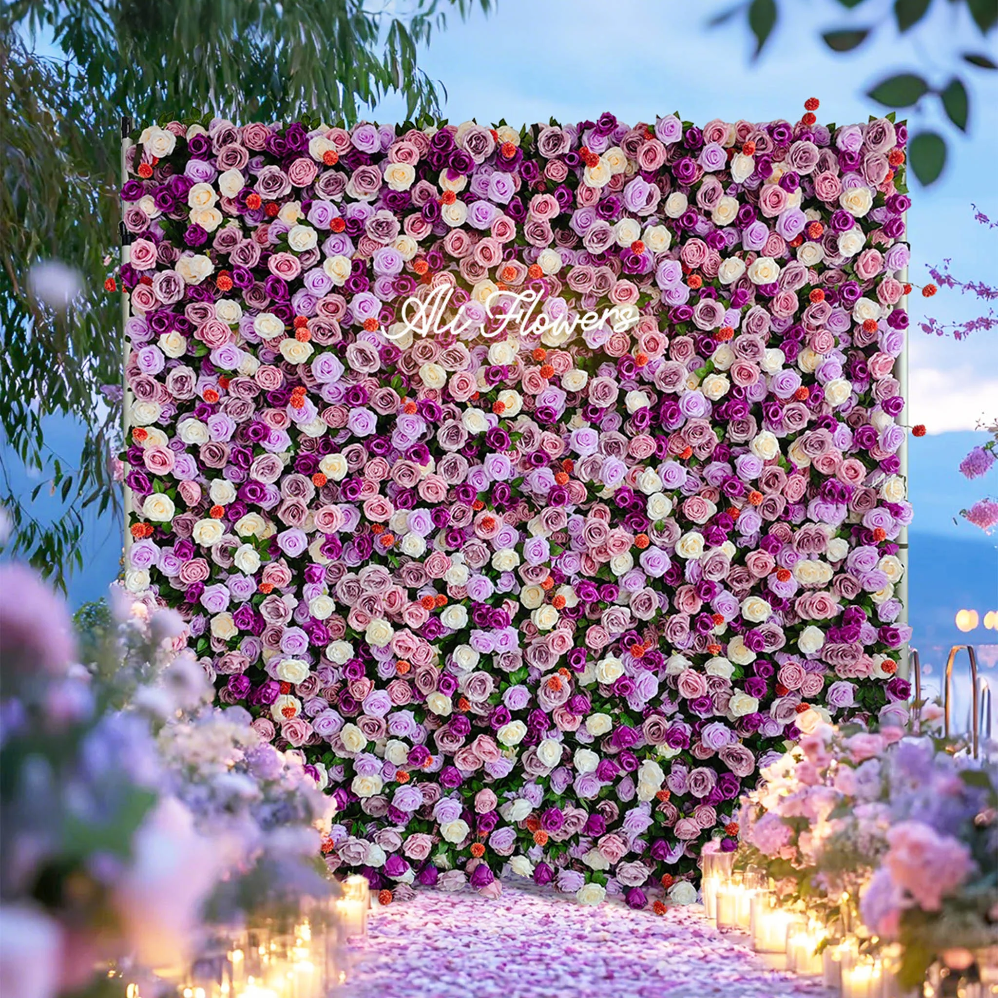 Aliflowers Purple Silk Rose Flower Wall Backdrop For Wedding Events Parties ALFWL118 - Image 2