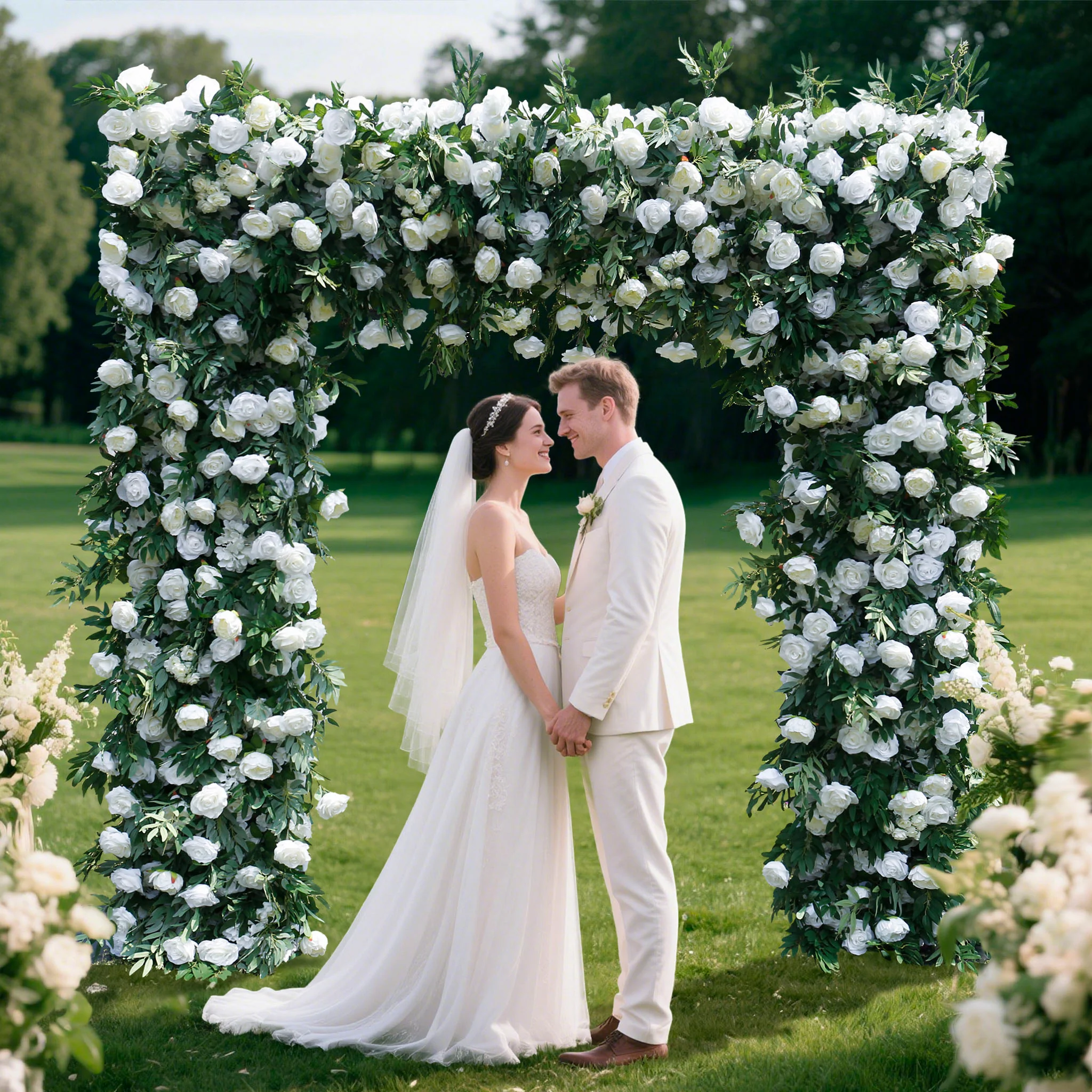 Aliflowers White Rose Green Leaf Floral Row Decor Wedding Backdrop Square Frame GM007 - Image 6